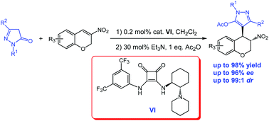 Graphical abstract: Enantioselective synthesis of chiral heterocycles containing both chroman and pyrazolone derivatives catalysed by a chiral squaramide