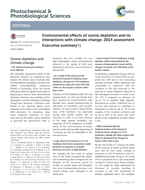 Environmental effects of ozone depletion and its interactions with climate change: 2014 assessment Executive summary