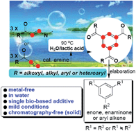 Graphical abstract: Metal-free synthesis of 1,3,5-trisubstituted benzenes by the cyclotrimerization of enaminones or alkynes in water