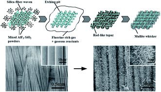 Graphical abstract: Hierarchical structural silica-fiber-woven/mullite-whisker material prepared by surface etching and gas-phase reaction