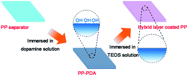 Graphical abstract: Improving the wettability and thermal resistance of polypropylene separators with a thin inorganic–organic hybrid layer stabilized by polydopamine for lithium ion batteries