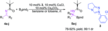 Graphical abstract: Asymmetric synthesis of stable α-aminoboronic esters catalyzed by N-heterocylic carbene and copper(i) chloride