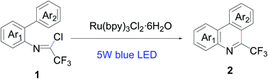 Graphical abstract: An approach to 6-trifluoromethyl-phenanthridines through visible-light-mediated intramolecular radical cyclization of trifluoroacetimidoyl chlorides