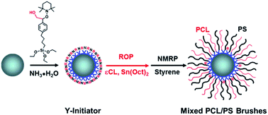 Graphical abstract: Synthesis of mixed poly(ε-caprolactone)/polystyrene brushes from Y-initiator-functionalized silica particles by surface-initiated ring-opening polymerization and nitroxide-mediated radical polymerization