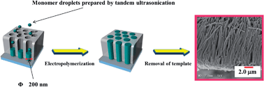 Graphical abstract: Templated electrochemical synthesis of conducting polymer nanowires from corresponding monomer nanoemulsions prepared by tandem acoustic emulsification