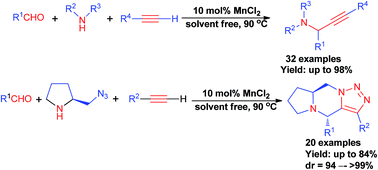 Graphical abstract: Manganese(ii) chloride catalyzed highly efficient one-pot synthesis of propargylamines and fused triazoles via three-component coupling reaction under solvent-free condition