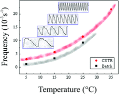 Graphical abstract: The effect of temperature on the dynamics of a homogeneous oscillatory system operated in batch and under flow