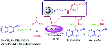 Graphical abstract: Sulfanilic acid-functionalized silica-coated magnetite nanoparticles as an efficient, reusable and magnetically separable catalyst for the solvent-free synthesis of 1-amido- and 1-aminoalkyl-2-naphthols