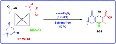 Graphical abstract: Nano-ferrous ferric oxide (nano-Fe3O4): magnetite catalytic system for the one-pot four-component tandem imine/enamine formation-Knoevenagel–Michael-cyclocondensation reaction of dimedone, aldehydes, β-ketoesters and ammonium acetate under green media
