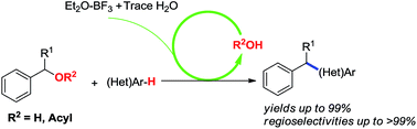 Graphical abstract: Superacid BF3–H2O promoted benzylation of arenes with benzyl alcohols and acetates initiated by trace water