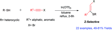 Graphical abstract: Indium(iii) catalysed regio- and stereoselective hydrothiolation of bromoalkynes