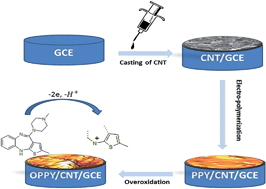 Graphical abstract: Modification of a glassy carbon electrode with a bilayer of multiwalled carbon nanotube/benzene disulfonate-doped polypyrrole: application to sensitive voltammetric determination of olanzapine