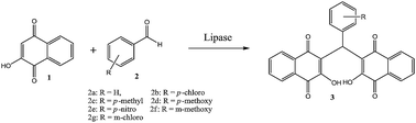 Graphical abstract: Lipase catalyzed synthesis of 3,3′-(arylmethylene)bis(2-hydroxynaphthalene-1,4-dione)
