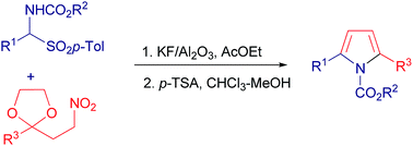 Graphical abstract: Reaction of α-amido sulfones with functionalized nitrocompounds: a new two-step synthesis of N-alkoxycarbonyl-2,5-disubstituted pyrroles