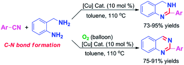 Graphical abstract: Copper-catalyzed intermolecular cyclization of nitriles and 2-aminobenzylamine for 3,4-dihydroquinazolines and quinazolines synthesis via cascade coupling and aerobic oxidation