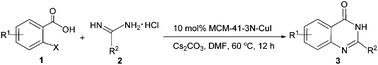 Graphical abstract: A highly efficient heterogeneous copper-catalyzed cascade reaction of 2-halobenzoic acids and amidines leading to quinazolinones