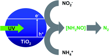 Graphical abstract: Simultaneous removal of nitrite and ammonia as dinitrogen in aqueous suspensions of a titanium(iv) oxide photocatalyst under reagent-free and metal-free conditions at room temperature