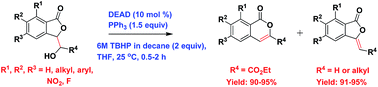 Graphical abstract: A simple and efficient synthesis of isocoumarins and alkylidenephthalides from 3-(1-hydroxycarbethoxy/alkyl)phthalides with a DEAD/PPh3/TBHP system