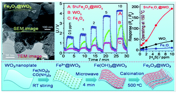 Graphical abstract: Hierarchical Fe2O3@WO3 nanostructures with ultrahigh specific surface areas: microwave-assisted synthesis and enhanced H2S-sensing performance