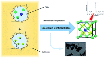 Graphical abstract: Room temperature crystallization of highly luminescent lanthanide-doped CaF2 in nanosized droplets: first example of the synthesis of metal halogenide in miniemulsion with effective doping and size control