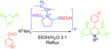 Graphical abstract: Sulfuric acid-modified poly(vinylpyrrolidone) ((PVP–SO3H)HSO4): a new highly efficient, bio-degradable and reusable polymeric catalyst for the synthesis of acridinedione derivatives