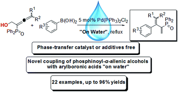Graphical abstract: Suzuki–Miyaura coupling of phosphinoyl-α-allenic alcohols with arylboronic acids catalyzed by a palladium complex “on water”: an efficient method to generate phosphinoyl 1,3-butadienes and derivatives