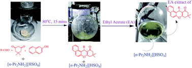 Graphical abstract: Secondary amine based ionic liquid: an efficient catalyst for solvent free one pot synthesis of xanthenes and benzoxanthenes