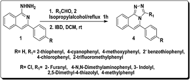 Graphical abstract: Organoiodine(iii) mediated intramolecular oxidative cyclization of 1-(3-arylisoquinolin-1-yl)-2-(arylmethylene)hydrazines to 5-aryl-3-(aryl)-[1,2,4]triazolo[3,4-a] isoquinolines