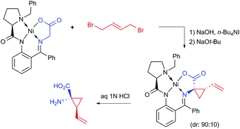 Graphical abstract: Asymmetric synthesis of (1R,2S)-1-amino-2-vinylcyclopropanecarboxylic acid by sequential SN2–SN2′ dialkylation of (R)-N-(benzyl)proline-derived glycine Schiff base Ni(ii) complex