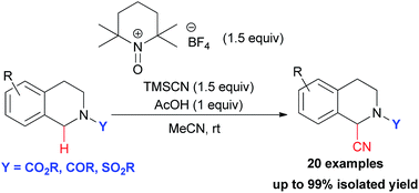 Graphical abstract: Mild and highly efficient metal-free oxidative α-cyanation of N-acyl/sulfonyl tetrahydroisoquinolines