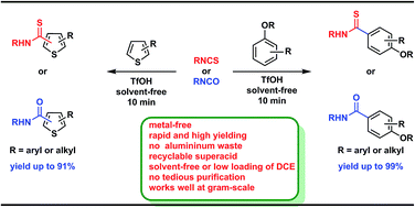 Graphical abstract: A metal-free and a solvent-free synthesis of thio-amides and amides: an efficient Friedel–Crafts arylation of isothiocyanates and isocyanates