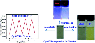 Graphical abstract: A recyclable, fluorescent, and colorimetric sensor for fluoride anion in water using a crosslinked polymer functionalized with hydroxyl quinolinium