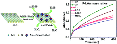 Graphical abstract: Exfoliated MoS2 supported Au–Pd bimetallic nanoparticles with core–shell structures and superior peroxidase-like activities