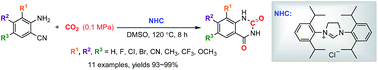 Graphical abstract: Efficient synthesis of quinazoline-2,4(1H,3H)-diones from CO2 catalyzed by N-heterocyclic carbene at atmospheric pressure