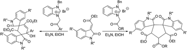 Graphical abstract: Construction of dispirocyclohexyl-3,3′-bisoxindole and dispirocyclopentyl-3,3′-bisoxindole via domino cycloaddition reactions of N-benzylbenzimidazolium salts with 2-(2-oxoindolin-3-ylidene)acetates