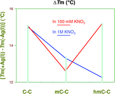 Graphical abstract: Silver(i) ions modulate the stability of DNA duplexes containing cytosine, methylcytosine and hydroxymethylcytosine at different salt concentrations