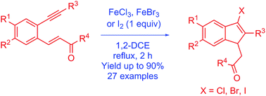 Graphical abstract: Iron(iii) halide or iodine-promoted synthesis of 3-haloindene derivatives from o-alkynylarene chalcones