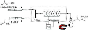 Graphical abstract: Synergic effect of nano-catalyst and continuous flow system: Dakin–West reaction catalyzed by Nafion-H@SPIONs in a microreactor