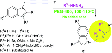 Graphical abstract: Metal-free synthesis of 3,5-disubstituted 1H- and 1-aryl-1H-pyrazoles from 1,3-diyne-indole derivatives employing two successive hydroaminations