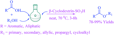 Graphical abstract: Biomass derived β-cyclodextrin-SO3H as a solid acid catalyst for esterification of carboxylic acids with alcohols