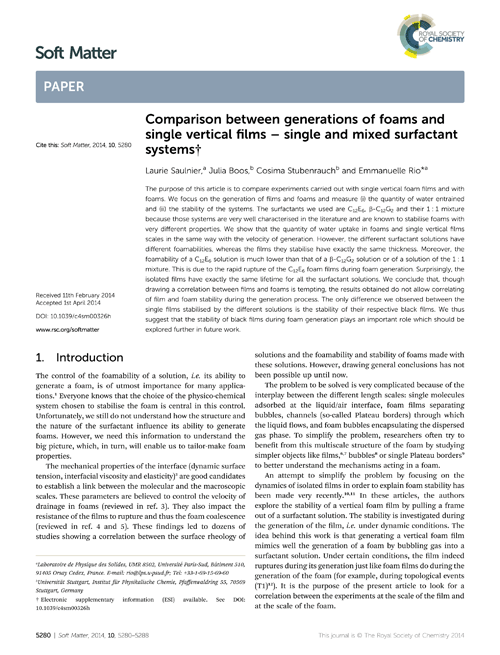 Additional Article Notification: Comparison between generations of foams and single vertical films – single and mixed surfactant systems
