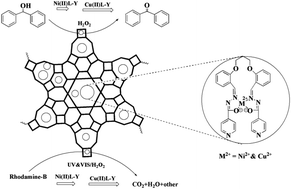 Graphical abstract: Zeolite encapsulated Ni(ii) and Cu(ii) complexes with tetradentate N2O2 Schiff base ligand: catalytic activity towards oxidation of benzhydrol and degradation of rhodamine-B