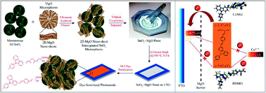 Graphical abstract: Enhanced photovoltaic performance of meso-porous SnO2 based solar cells utilizing 2D MgO nanosheets sensitized by a metal-free carbazole derivative
