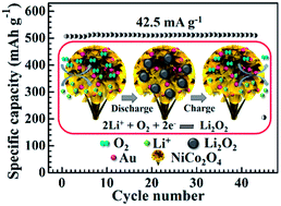 Graphical abstract: Mushroom-like Au/NiCo2O4 nanohybrids as high-performance binder-free catalytic cathodes for lithium–oxygen batteries