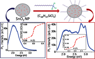 Graphical abstract: Surface functionalization-enhanced magnetism in SnO2 nanoparticles and its correlation to photoluminescence properties