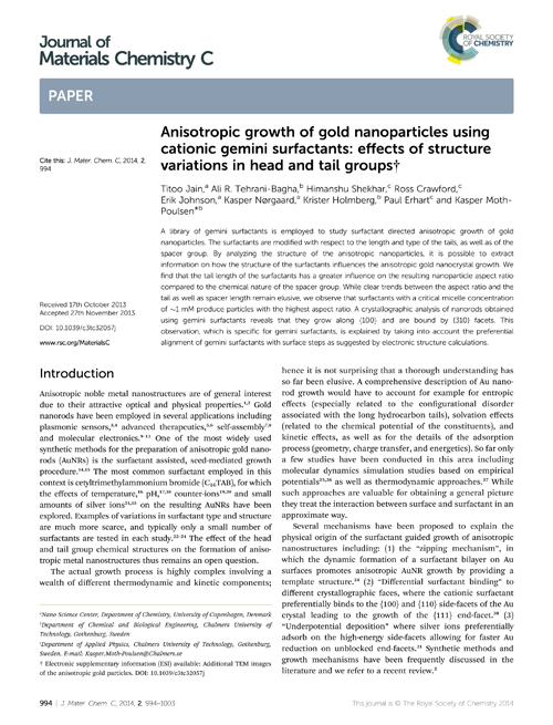 Additional Article Notification: Anisotropic growth of gold nanoparticles using cationic gemini surfactants: effects of structure variations in head and tail groups