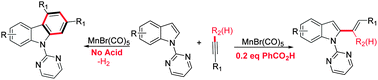 Graphical abstract: Manganese catalyzed C–H functionalization of indoles with alkynes to synthesize bis/trisubstituted indolylalkenes and carbazoles: the acid is the key to control selectivity