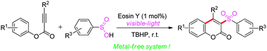 Graphical abstract: Visible-light initiated oxidative cyclization of phenyl propiolates with sulfinic acids to coumarin derivatives under metal-free conditions
