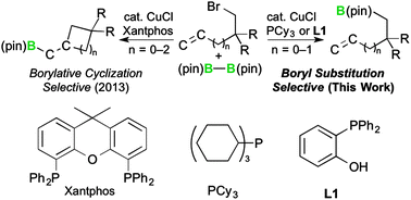 Graphical abstract: Copper(i)-catalyzed carbon–halogen bond-selective boryl substitution of alkyl halides bearing terminal alkene moieties
