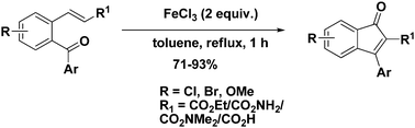 Graphical abstract: FeCl3 mediated synthesis of substituted indenones by a formal [2+2] cycloaddition/ring opening cascade of o-keto-cinnamates